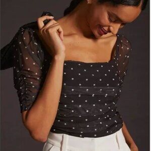 Anthropologie Black & White Polka Dot Shirred Mesh Top Size M Romantic Chic